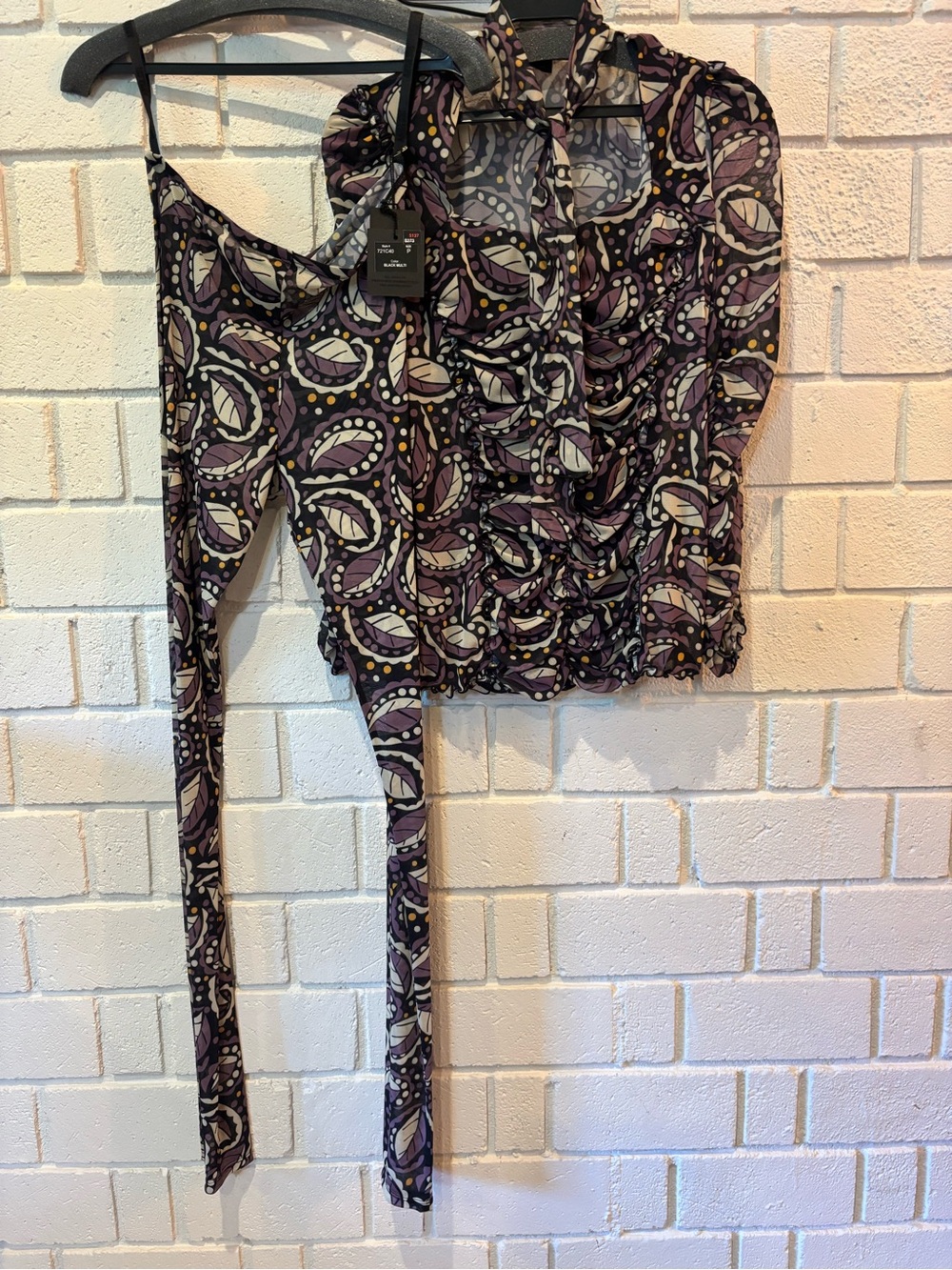 Anna Sui Set of Purple and Cream Paisley Ruffle Tie Blouse and Leggings Size 0